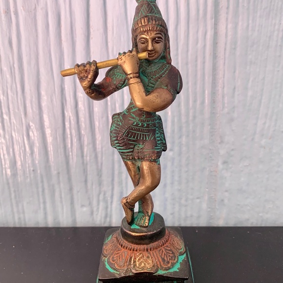 Krishna Standing Lotus Playing Flute Brass Statue - Picture 8 of 10